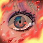  1girl bai_guangying_(ye_luoli) blood blood_on_face close-up commentary_request eye_focus eyeshadow fire grey_eyes grey_hair highres kumu_zaisheng looking_at_viewer makeup multicolored_hair pink_hair purple_eyeshadow solo streaked_hair tearing_up ye_luoli 