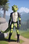  adventurer ai_generated argonian armor balls bethesda_softworks blue_eyes bottomless claws clothed clothing genitals greaves green_body green_scales male muscular nails nude pauldron penis scales scalie skimpy_armor slim smile solo tail the_elder_scrolls toe_claws young 