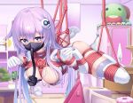  1girl ass bdsm blue_eyes blush bondage bound bound_arms bound_legs breasts choujigen_game_neptune_mk2 commission elbow_gloves flan_ling gloves hair_between_eyes hair_ornament highres leotard long_hair looking_at_viewer medium_breasts neglect_play neptune_(series) nipples no_shoes oxygen_mask power_symbol purple_sister red_rope restrained rope sex_toy shibari skindentation solo suspension sweat symbol-shaped_pupils tears very_long_hair vibrator vibrator_cord white_gloves 