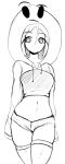  1girl :&lt; absurdres arms_at_sides breasts closed_mouth collarbone commentary cowboy_shot crop_top drawstring emoji english_commentary fir3born greyscale hair_between_eyes highres hood hood_up hooded_shrug long_sleeves looking_to_the_side micro_shorts midriff monochrome navel original short_hair shorts shrug_(clothing) sidelocks simple_background sketch skindentation sleeves_past_fingers sleeves_past_wrists small_breasts solo standing stomach thighhighs thighs thonk_(fir3born) white_background 