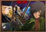  1boy 1girl black_capelet black_coat black_headwear blonde_hair blue_eyes border brown_border brown_gloves brown_hair capelet coat copyright_name eyelashes fur_coat fur_hat ginga_tetsudou_999 gloves green_coat hair_over_one_eye hat hoshino_tetsurou long_hair long_sleeves looking_ahead looking_at_viewer maetel orange_shirt railroad_tracks shirt space star_(symbol) train ushanka yuu_(masarunomori) 