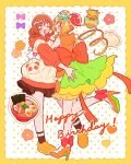  absurdres ankle_bow arm_around_waist blonde_hair blush bow braided_hair_rings brown_hair bun_cover closed_eyes commentary_request cure_yum-yum delicious_party_precure dress english_text flower food gloves hair_bun hair_ornament hair_rings hanamichi_ran happy_birthday heart highres hug huge_bow kiocotton magical_girl medium_hair mem-mem_(precure) one_eye_closed open_mouth orange_footwear precure red_eyes simple_background smile standing white_gloves 