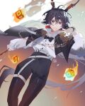  1boy animal_ears arknights belt black_bow black_bowtie black_cape black_hair black_pants bow bowtie cape chain closed_mouth commentary cube ebenholz_(arknights) ebenholz_(eine_variation)_(arknights) english_commentary epaulettes expressionless feet_out_of_frame floating floating_object goat_boy goat_ears goat_horns hair_between_eyes hair_bow hair_flip high-waist_pants highres holding holding_wand horns long_hair long_sleeves looking_at_viewer low_ponytail male_focus milktea543 official_alternate_costume pants popped_collar purple_eyes red_bow shirt solo very_long_hair wand white_background white_belt white_shirt yellow_pupils 