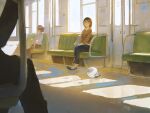  1other 2girls animal bird black_eyes black_footwear black_hair black_pants brown_shirt closed_mouth commentary fjsmu glasses highres long_sleeves multiple_girls original pants shirt shoes short_hair sitting train_interior white_shirt 