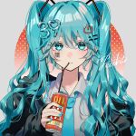  1girl 39 aqua_eyes aqua_hair aqua_nails black_jacket blue_necktie can collared_shirt colored_eyelashes drinking_straw drinking_straw_in_mouth grey_shirt hair_between_eyes hair_ornament hairpin hatsune_miku highres holding holding_can jacket long_hair looking_at_viewer miku_day necktie open_clothes open_jacket pecchii polka_dot polka_dot_background power_symbol qr_code shirt signature sleeveless sleeveless_shirt solo twintails very_long_hair vocaloid 