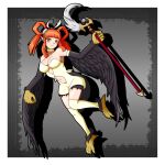  1girl animal_hands bare_shoulders black_wings blush breasts claws clothing_cutout commentary_request duel_monster feathered_wings feathers hair_rings harpie_channeler harpy highres holding holding_staff large_breasts long_hair may_chan_0 monster_girl navel navel_cutout orange_eyes orange_hair pointy_ears solo staff talons thighhighs twintails white_thighhighs winged_arms wings yu-gi-oh! 