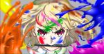  1other androgynous blonde_hair commentary_request ebata_kyouhei highres mouth_hold original other_focus paint paint_in_hair paint_on_body paint_on_clothes paint_splatter paint_splatter_on_face portrait purple_eyes serious stylus v-shaped_eyebrows 