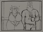  &lt;3 2023 anthro beverage blush bottomwear bra breasts canid canine canis cleavage clothed clothing coffee coffee_mug comic derby_valentine_(piilsud) dress_shirt duo ears_down elevator female fully_clothed hands_together hi_res holding_beverage holding_object inner_ear_fluff male mammal muscular muscular_male neck_tuft pants piilsud pivoted_ears ria_(piilsud) shirt steam t-shirt text text_on_clothing text_on_shirt text_on_topwear topwear tuft underwear wide_eyed wolf 