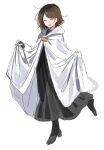  1girl black_dress black_footwear boots brown_hair cape cape_hold closed_eyes commentary dress highres hood hood_down hooded_cape inudogsaikou library_of_ruina moirai_(library_of_ruina) open_mouth project_moon short_hair simple_background smile solo standing standing_on_one_leg white_background white_cape 