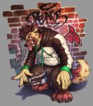  5_fingers absurd_res anthro biped brown_hair claws clothed clothing eyebrows fangs fingers graffiti hair haychel hi_res hyena inner_ear_fluff male mammal open_mouth open_smile smile solo tail teeth tongue tongue_out tuft 