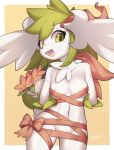  2023 absurd_res anthro areola bound bow_ribbon breasts digital_media_(artwork) female female_anthro fur generation_4_pokemon hair hands_behind_back hi_res kemono legendary_pokemon looking_at_viewer navel nintendo nude pokemon pokemon_(species) ribbons shaymin sky_forme_shaymin solo zinfyu 