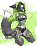  abstract_background absurd_res anthro black_eyes bodily_fluids canid canine canis clothed clothing dog_paws domestic_dog ear_piercing female flesh_tunnel fur gauged_ear green_background green_eyes green_nose green_pawpads green_pupils green_tongue grey_body grey_ears grey_fur hair hi_res lingerie looking_at_viewer luckyonn mammal open_mouth pawpads piercing pupils raised_clothing saliva saliva_on_tongue simple_background solo spots spotted_body spotted_fur teeth tongue white_background 