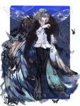  1boy absurdres arthropod_boy blue_eyes bug butterfly butterfly_wings cape collared_shirt crown diamond_hairband dragonfly_wings fate/grand_order fate_(series) full_body fur-trimmed_cape fur_trim grey_hair highres insect_wings long_sleeves maidhao male_focus medium_hair oberon_(fate) oberon_(third_ascension)_(fate) shirt signature solo white_shirt wings 