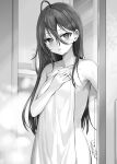  1girl absurdres ahoge armpit_crease armpits bare_arms bare_shoulders bathroom blush bottle breasts collarbone commentary_request cowboy_shot door door_handle greyscale hair_between_eyes hair_over_shoulder hand_on_own_chest head_tilt highres holding holding_towel indoors long_hair looking_at_viewer mirror momoko_(momopoco) monochrome naked_towel nude opening_door parted_lips shower_(place) sidelocks small_breasts soap_dispenser solo steam suou_yuki sweatdrop tokidoki_bosotto_roshia-go_de_dereru_tonari_no_arya-san towel very_long_hair 