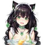  1girl absurdres animal_ears bare_shoulders black_hair cat_ears choker commentary commission cup drinking_glass fangs flying_sweatdrops frills green_eyes head_tilt highres holding holding_tray indie_virtual_youtuber kitsunya_(vtuber) long_hair looking_at_viewer maid_headdress open_mouth simple_background solo tray upper_body virtual_youtuber white_background yaya_chan 