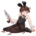  1girl absurdres animal_ears bare_shoulders black_bow black_bowtie black_footwear black_leotard bow bowtie brown_hair brown_pantyhose detached_collar fake_animal_ears folded_ponytail gun hair_between_eyes highres holding holding_gun holding_weapon inazuma_(kancolle) kantai_collection kuro4221 leotard looking_at_viewer open_mouth orange_eyes pantyhose playboy_bunny rabbit_ears revolver simple_background solo strapless strapless_leotard thighband_pantyhose weapon white_background wrist_cuffs 