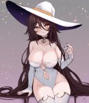  :3 absurdly_long_hair absurdres arm_support bandaged_arm bandages bare_hips bare_shoulders black_choker black_nails blush breasts brown_hair choker cleavage clothing_cutout collarbone cowboy_shot criss-cross_straps fingerless_gloves gloves hair_between_eyes hand_up hat head_tilt heart heart_choker highleg highleg_leotard highres invisible_chair large_breasts leaning_to_the_side leotard long_bangs long_hair looking_at_viewer low_neckline navel navel_cutout original simple_background single_fingerless_glove sitting sky_above_me smile starry_sky_print straight-on strapless strapless_leotard thighhighs very_long_hair white_headwear white_leotard white_thighhighs witch witch_hat yellow_eyes 