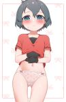  1girl absurdres black_hair blue_eyes blush bow bow_panties breasts cameltoe chis_(js60216) gloves highres kaban_(kemono_friends) kemono_friends looking_at_viewer midriff navel panties red_shirt see-through shirt short_hair small_breasts solo underwear 