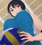  1girl asymmetrical_bangs ball black_hair breasts brown_eyes ceiling commentary_request elbow_pads from_below hashi holding holding_ball indoors large_breasts looking_at_viewer original short_bangs short_hair solo volleyball volleyball_(object) 