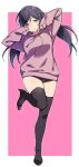  1girl black_panties closed_mouth duke_(inu_daimyou) full_body long_hair long_sleeves love_live! love_live!_school_idol_project panties pink_background purple_hair smile solo standing standing_on_one_leg thighs toujou_nozomi twintails two-tone_background underwear white_background 