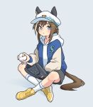  1girl animal_ears ball baseball baseball_mitt black_shorts blue_eyes blue_jacket brown_hair cheval_grand_(umamusume) closed_mouth full_body hat holding holding_ball hood hood_down hoodie horse_ears horse_girl horse_tail indian_style jacket kneehighs long_sleeves medium_hair multicolored_hair oishi_oiru open_clothes open_jacket seattle_mariners shoes shorts simple_background sitting sneakers socks solo streaked_hair tail umamusume white_headwear white_hoodie white_socks yellow_footwear 