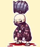  1boy bald bandaged_hand bandages blood collared_shirt commentary_request covered_mouth employee_(lobotomy_corporation) floral_print glaring hatake_shimeji holding holding_weapon jinbei_(clothes) lobotomy_corporation long_sleeves male_focus necktie outline pool_of_blood project_moon sandals shirt simple_background solo squatting weapon white_necktie white_outline white_shirt yellow_background 