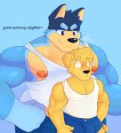 absurd_res anthro australian_cattle_dog bandit_heeler bird_dog blue_body blue_bottomwear blue_clothing blue_eyes blue_fur blue_nose blue_shorts bluey_(series) blush bottomwear brown_nose canid canine canis cattledog clothing damelty domestic_dog duo floppy_ears fur herding_dog hi_res hunting_dog labrador male male/male mammal muscular nipples pastoral_dog pat_(bluey) pecs pink_nipples retriever shirt shorts size_difference surprised_expression tight_bottomwear tight_clothing tight_shirt tight_shorts tight_topwear topwear white_clothing white_shirt white_topwear yellow_body yellow_fur 