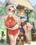  2girls absurdres bare_shoulders bikini blonde_hair blue_bikini breasts closed_mouth dismaiden elf eyeshadow green_eyes grey_hair highres large_breasts leaning_back leaning_forward looking_at_viewer makeup multiple_girls outdoors palm_tree parted_lips pointy_ears princess_zelda purah red-framed_eyewear red_eyes red_eyeshadow round_eyewear sandals sarong short_hair small_breasts smile swimsuit the_legend_of_zelda the_legend_of_zelda:_tears_of_the_kingdom thigh_strap tree white_bikini 