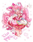  1girl absurdres apron bow brooch character_name cone_hair_bun cure_precious delicious_party_precure earrings gloves hair_bow hair_bun heart heart_brooch highres jewelry long_hair looking_at_viewer magical_girl nagomi_yui open_mouth pink_bow pink_hair precure prewotamaru purple_eyes two_side_up white_apron white_gloves 