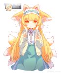 1girl absurdres animal_ears aqua_hairband aqua_skirt arknights blonde_hair blush cardigan cat_ears chinese_commentary claw_pose colorized commentary_request cross-laced_clothes cross-laced_skirt cross-laced_slit cy_fros fake_animal_ears fox_ears fox_girl fox_tail frilled_hairband frills hair_ornament hair_scrunchie hairband hands_up high-waist_skirt highres kitsune kyuubi long_hair long_sleeves looking_at_viewer multicolored_hair multiple_tails neck_ribbon official_alternate_costume open_cardigan open_clothes orange_eyes parted_lips puffy_long_sleeves puffy_sleeves red_ribbon ribbon scrunchie shirt simple_background skirt solo straight-on straight_hair suzuran_(arknights) suzuran_(spring_praise)_(arknights) tail two-tone_hair white_background white_hair white_shirt yellow_cardigan 