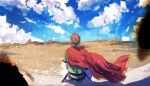  1boy blue_ribbon blue_sky brown_hair cape embers facing_away fate/grand_order fate_(series) green_tunic hair_ribbon hector_(fate) long_hair macha@meshi male_focus pants ponytail red_cape ribbon sitting sky white_pants 