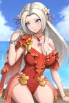  1girl blue_sky bracelet breasts casual_one-piece_swimsuit cleavage closed_mouth cloud commentary_request covered_navel day edelgard_von_hresvelg edelgard_von_hresvelg_(summer) embarrassed fire_emblem fire_emblem:_three_houses fire_emblem_heroes frilled_one-piece_swimsuit frills gonzarez hair_ornament hair_ribbon hand_in_own_hair highres jewelry long_hair medium_breasts necklace ocean official_alternate_costume official_alternate_hairstyle one-piece_swimsuit outdoors pearl_necklace pendant plumeria purple_eyes red_one-piece_swimsuit ribbon shy sitting sky solo sweatdrop swimsuit white_hair 