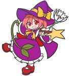  1girl :d bow cape capelet dress flower frilled_skirt frills full_body hat hat_bow holding holding_wand kirisame_marisa kirisame_marisa_(pc-98) long_sleeves mary_janes open_mouth orange_hair parody purple_cape purple_capelet purple_dress purple_headwear purple_skirt puyopuyo red_eyes red_footwear red_hair shinmon_akika shoes short_hair simple_background skirt smile socks standing standing_on_one_leg star_(symbol) style_parody touhou touhou_(pc-98) wand white_background white_flower white_socks witch_hat yellow_bow 