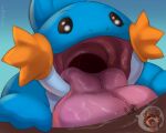  2022 5:4 blue_body blush bodily_fluids brown_body brown_fur digital_media_(artwork) duo excessive_saliva eyes_closed fur gaping_mouth generation_3_pokemon hi_res imminent_vore male mammal mudkip mustelid nintendo open_mouth otter pink_tongue pokemon pokemon_(species) rudder_(gameb9oy) saliva suddendraft tongue tongue_focus 