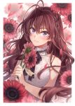  1girl :3 ahoge artist_name bare_shoulders black_ribbon blue_eyes blurry blurry_foreground blush braid breasts brown_hair closed_mouth collarbone dress falling_petals floral_background flower hagiwara_rin hair_between_eyes holding holding_flower ichinose_shiki idolmaster idolmaster_cinderella_girls idolmaster_cinderella_girls_starlight_stage jewelry lace-trimmed_dress lace_trim long_hair looking_at_viewer medium_breasts neck_ribbon necklace petals red_flower ribbon smile solo sunflower wavy_hair white_dress 