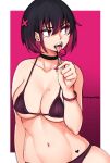  1girl bikini black_choker breasts candy choker empty_eyes fangs food highres kuronami616 licking lollipop looking_at_another mole mole_on_breast mole_under_eye multicolored_hair navel original pink_nails simple_background solo stomach swimsuit 
