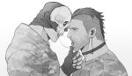  2boys after_kiss artist_name bara call_of_duty call_of_duty:_modern_warfare_2 camouflage camouflage_jacket camouflage_shirt choker couple dilfborne_(ventiskull) facial_hair ghost_(modern_warfare_2) gloves greyscale highres jacket looking_at_another male_focus mask mask_lift monochrome multiple_boys muscular muscular_male open_mouth saliva saliva_trail shirt short_hair skull_mask soap_(modern_warfare_2) tongue tongue_out yaoi 