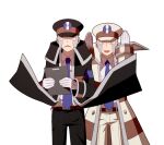  2boys belt belt_buckle black_coat black_headwear black_pants blue_necktie brothers brown_belt buckle clipboard coat coat_lift collared_shirt dress_shirt emmet_(pokemon) frown gloves grey_eyes grey_hair hat high_collar holding holding_clipboard ingo_(pokemon) jaho lifted_by_another long_sideburns long_sleeves male_focus motion_blur multiple_boys necktie open_clothes open_coat open_mouth pants peaked_cap pokemon pokemon_(game) pokemon_bw shirt short_hair siblings sideburns trench_coat white_background white_coat white_gloves white_headwear white_pants white_shirt 