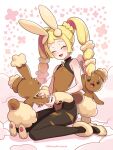  1girl :d animal_ears blonde_hair blunt_bangs blush braid brown_leotard buneary closed_eyes commentary_request cosplay eyelashes happy high_heels highres holding_hands kinocopro leotard lillie_(pokemon) lopunny mega_lopunny mega_lopunny_(cosplay) mega_pokemon multi-tied_hair open_mouth pantyhose pokemon pokemon_(creature) pokemon_(game) pokemon_sm rabbit_ears sitting smile twintails twitter_username watermark white_background yellow_footwear 
