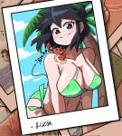  1girl bikini black_eyes black_hair blue_sky borrowed_character breasts bright_pupils character_name cleavage cloud crab day green_bikini highres large_breasts leaning_forward lucia_(scott_malin) navel notus_49 original outdoors parted_lips photo_(object) shadow sky smile solo swimsuit tree upper_body water white_pupils 