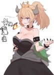  1girl armlet black_dress black_nails blonde_hair blue_eyes bobby_(paper_mario) bowser_jr. bowsette bracelet breasts breathing_fire brooch cleavage collar collarbone covered_navel crown dress earrings fingernails fire grin hand_on_own_hip highres horns jewelry kamek large_breasts long_hair looking_afar mario_(series) nail_polish new_super_mario_bros._u_deluxe olivia_(paper_mario) paper_mario paper_mario:_the_origami_king ponytail sharp_fingernails sharp_teeth simple_background smile spiked_armlet spiked_bracelet spiked_collar spiked_shell spikes strapless strapless_dress sumiyao_(amam) super_crown teeth translation_request white_background 