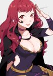  1girl belt black_cape bodysuit breasts cape choker clothing_cutout facial_mark fire_emblem fire_emblem_engage gold_belt hair_ornament highres looking_at_viewer open_mouth peach11_01 pink_choker purple_bodysuit red_eyes red_hair side_cutout smile star_(symbol) star_facial_mark star_hair_ornament yellow_belt yunaka_(fire_emblem) 