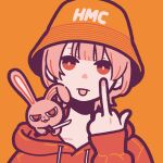  1girl bangs bright_pupils drawstring highres hood hood_down hoodie knife looking_at_viewer middle_finger orange_background orange_headwear orange_theme original pink_hair pink_nails portrait rabbit red_eyes red_hoodie short_hair simple_background sleeves_past_wrists solo tongue tongue_out white_pupils yoshi_mi_yoshi 