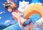  1girl :d absurdres animal_ear_fluff animal_ears ass back bare_shoulders beach bikini blue_archive blue_sky blush breasts brown_hair cloud commentary cutoffs day denim denim_shorts fox_ears fox_girl fox_tail from_behind hair_ornament halo highleg highleg_bikini highres izuna_(blue_archive) izuna_(swimsuit)_(blue_archive) kuroliu_9021 looking_at_viewer looking_back micro_shorts open_mouth outdoors pink_scarf pom_pom_(clothes) pom_pom_hair_ornament red_scarf scarf short_hair shorts sky smile solo standing striped striped_bikini swimsuit tail visor_cap wading water yellow_eyes 