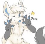  anthro blep blue_eyes blue_pawpads chest_tuft closed_smile fingerpads front_view fur glistening glistening_eyes grey_body grey_fur grey_tail hair half-length_portrait kuttoyaki looking_at_viewer male mouth_closed navel nude one_eye_closed pawpads portrait simple_background solo tongue tongue_out tuft white_background white_body white_fur white_hair 