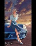  1girl blonde_hair blue_car blue_eyes blue_footwear blue_shirt blue_skirt cars_(movie) dated full_body high_heels highres kkelsey_spring long_hair looking_at_viewer outdoors personification sally_carrera shirt short_sleeves signature skirt smile solo twilight watch wristwatch 