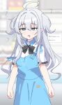  1girl ? absurdres ahoge apron arms_at_sides aventador black_ribbon blue_apron blue_archive blue_eyes blurry blurry_background bow bowtie character_request curled_fingers dazed drooling facing_viewer fang feet_out_of_frame grey_hair grey_pupils half-closed_eyes highres long_hair loose_bowtie multiple_hairpins open_mouth original reference_inset ribbon shirt shop skin_fang solo standing store_clerk strap_slip striped striped_bow striped_bowtie two_side_up white_shirt 
