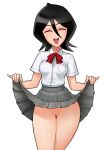  1girl :d black_hair bleach bow bowtie breast_pocket breasts closed_eyes clothes_lift collared_shirt cowboy_shot crossed_legs curtsey dress_shirt english_commentary facing_viewer grey_skirt hair_between_eyes head_tilt highres kuchiki_rukia lifted_by_self long_bangs loodncrood no_panties open_mouth pinky_out pleated_skirt pocket pussy red_bow red_bowtie school_uniform shirt short_hair short_sleeves simple_background skirt skirt_lift small_breasts smile solo teeth thigh_gap uncensored upper_teeth_only white_background white_shirt 