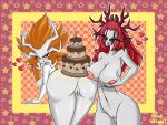  &lt;3 amber_(carrotgitlewd) anthro big_breasts big_butt birthday birthday_cake black_sclera breast_grab breasts butt cake candle carrotgitlewd checkered_background dessert duo elemental_creature elemental_humanoid eyelashes eyeshadow fan_character female female/female flora_fauna food food_fetish food_play genitals hair hand_on_breast hi_res hollow_knight horn humanoid long_hair looking_at_viewer makeup nipples nude orange_eyeshadow orange_hair pattern_background plant plant_humanoid pussy red_eyes red_eyeshadow red_hair red_nipples simple_background smile star team_cherry tongue tongue_out white_body yellow_eyes yellow_nipples 