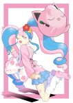  1girl absurdres blue_hair blue_skirt earrings fairy_miku_(project_voltage) flower hair_flower hair_ornament hatsune_miku highres jacket jewelry jigglypuff kneehighs long_hair looking_at_viewer miniskirt multicolored_hair one_eye_closed open_mouth pastel_colors pink_hair pink_jacket pink_nails pokemon pokemon_(creature) project_voltage red_flower rureeeeeeee8 skirt socks twintails two-tone_hair vocaloid white_socks yellow_flower 